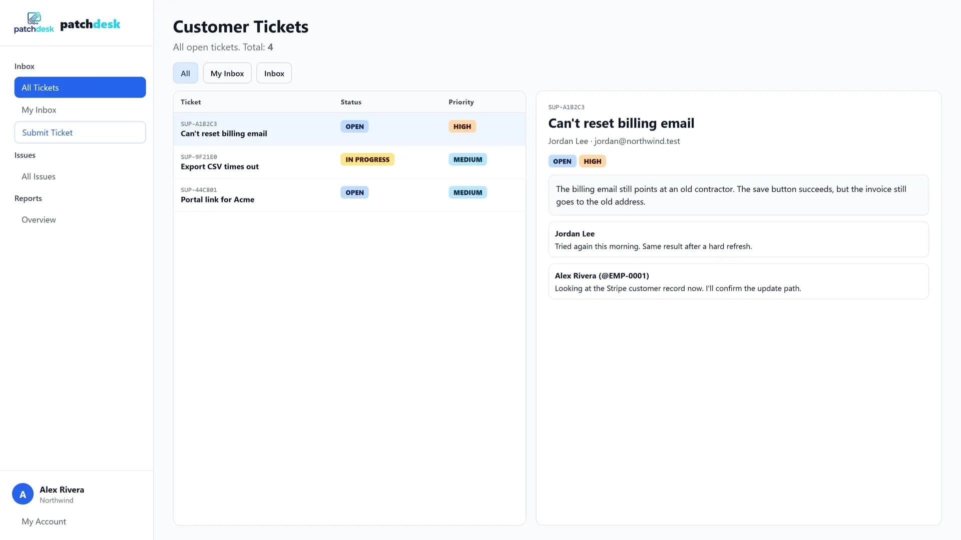 PatchDesk support inbox with a ticket list, status, priority, and a customer conversation