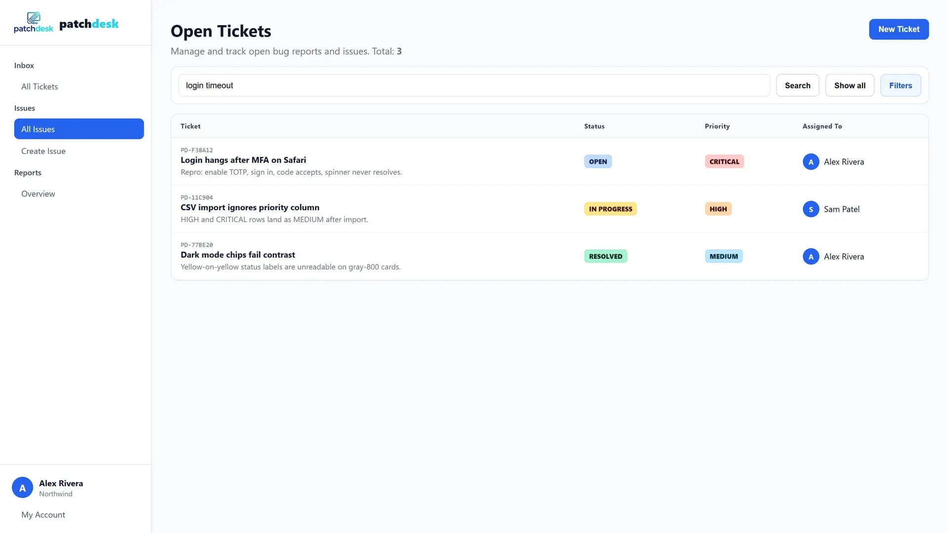 PatchDesk issue tracker with open bugs, status, priority, and assignees